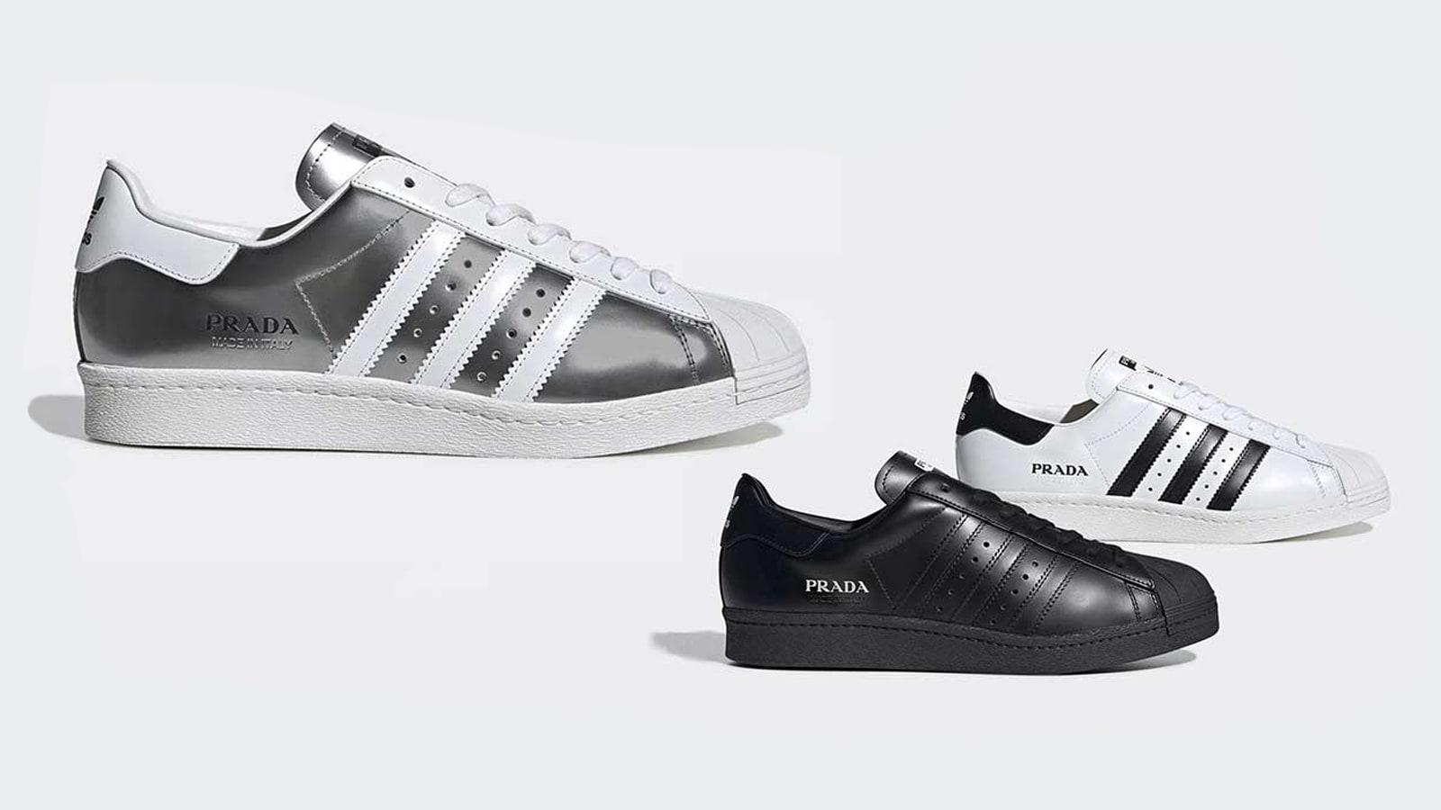3 مدل از کفشهای جدید پرادا و آدیداس سوپر استار در رنگهای سفید-مشکی، تماما مشکی و نقره‌ای